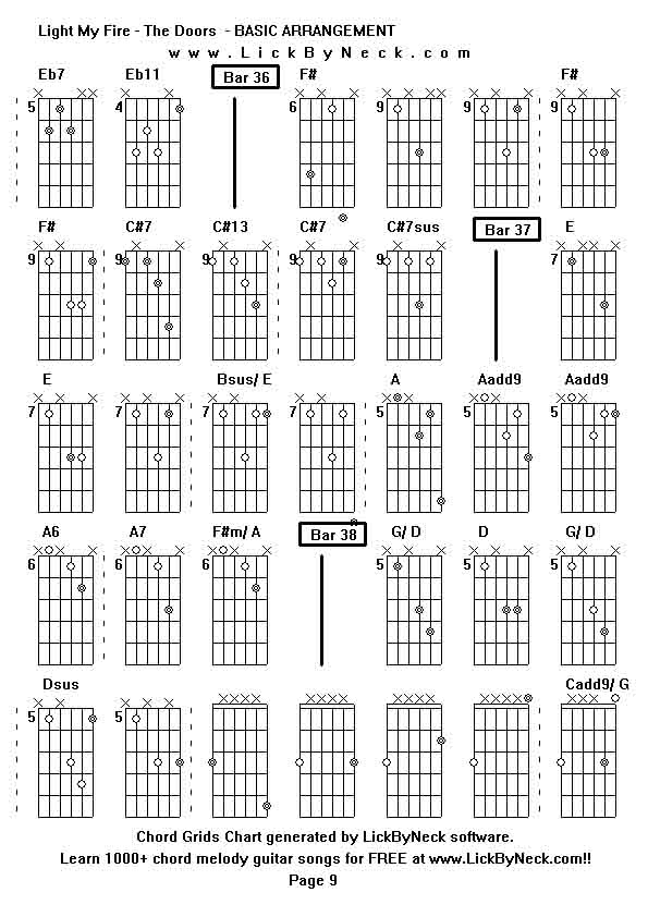 Chord Grids Chart of chord melody fingerstyle guitar song-Light My Fire - The Doors  - BASIC ARRANGEMENT,generated by LickByNeck software.